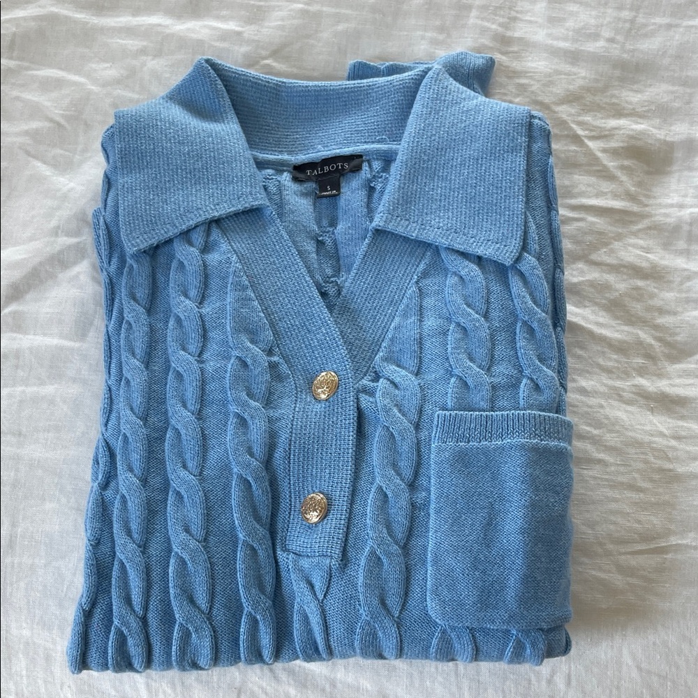 Talbots Light Blue Cable-Knit V-Neck Sweater with Gold Buttons